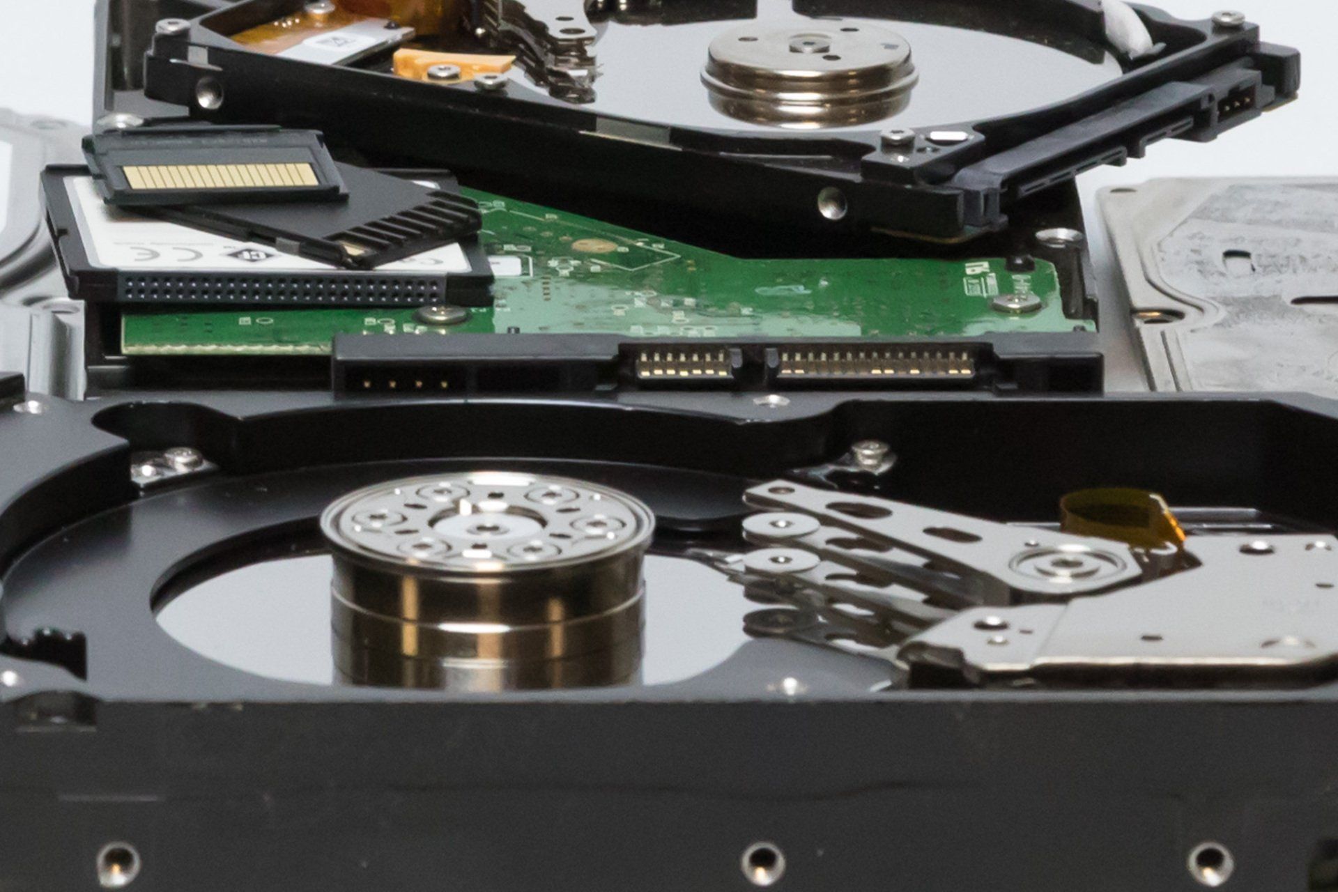 An inside view of computer hard drives and memory cards