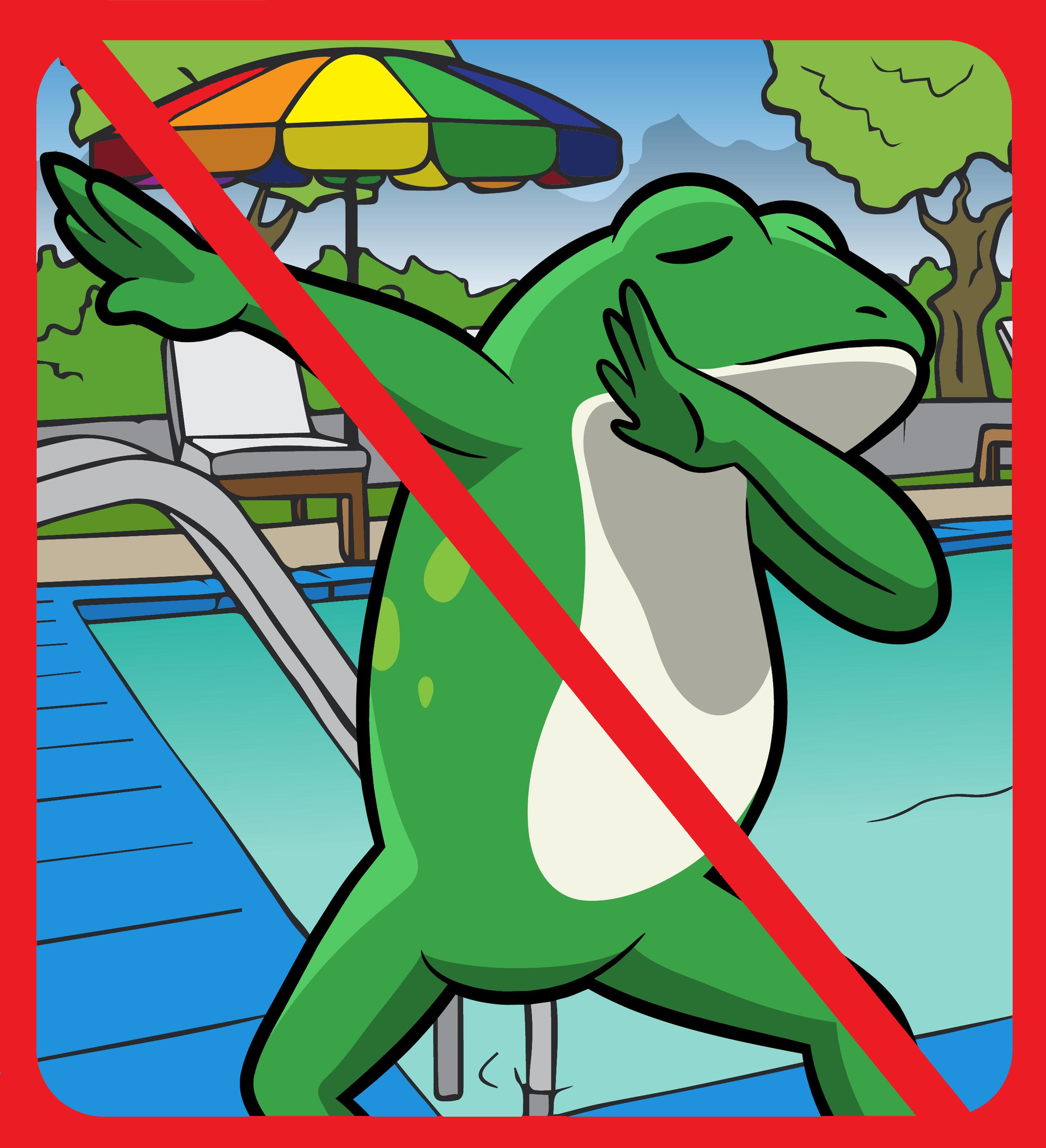 Logo showing a graphic of a frog dabbing in front of a swimming pool