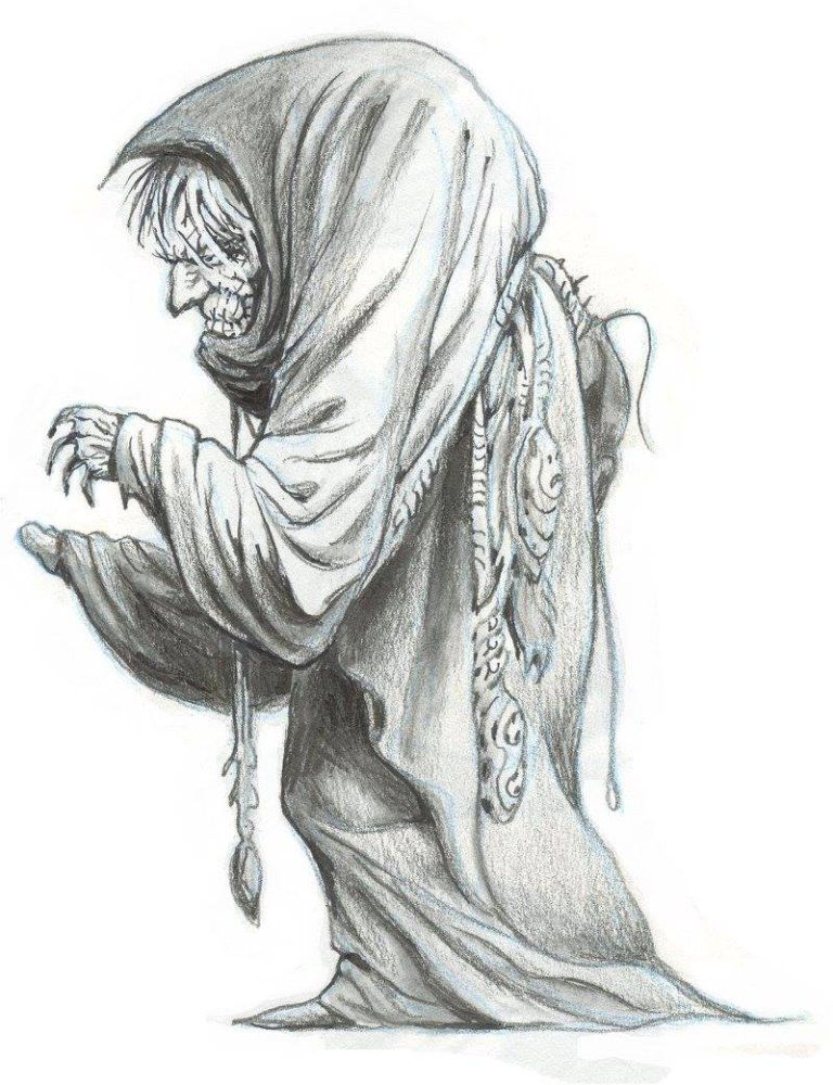 an evil-looking witch whose body does not really look himan