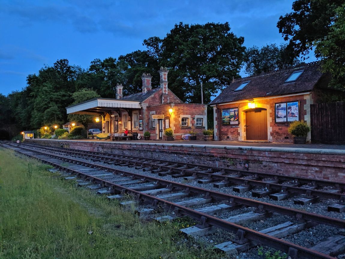 Rowden Mill Station, a beautifully restored GWR train station with our platform lights on at dusk