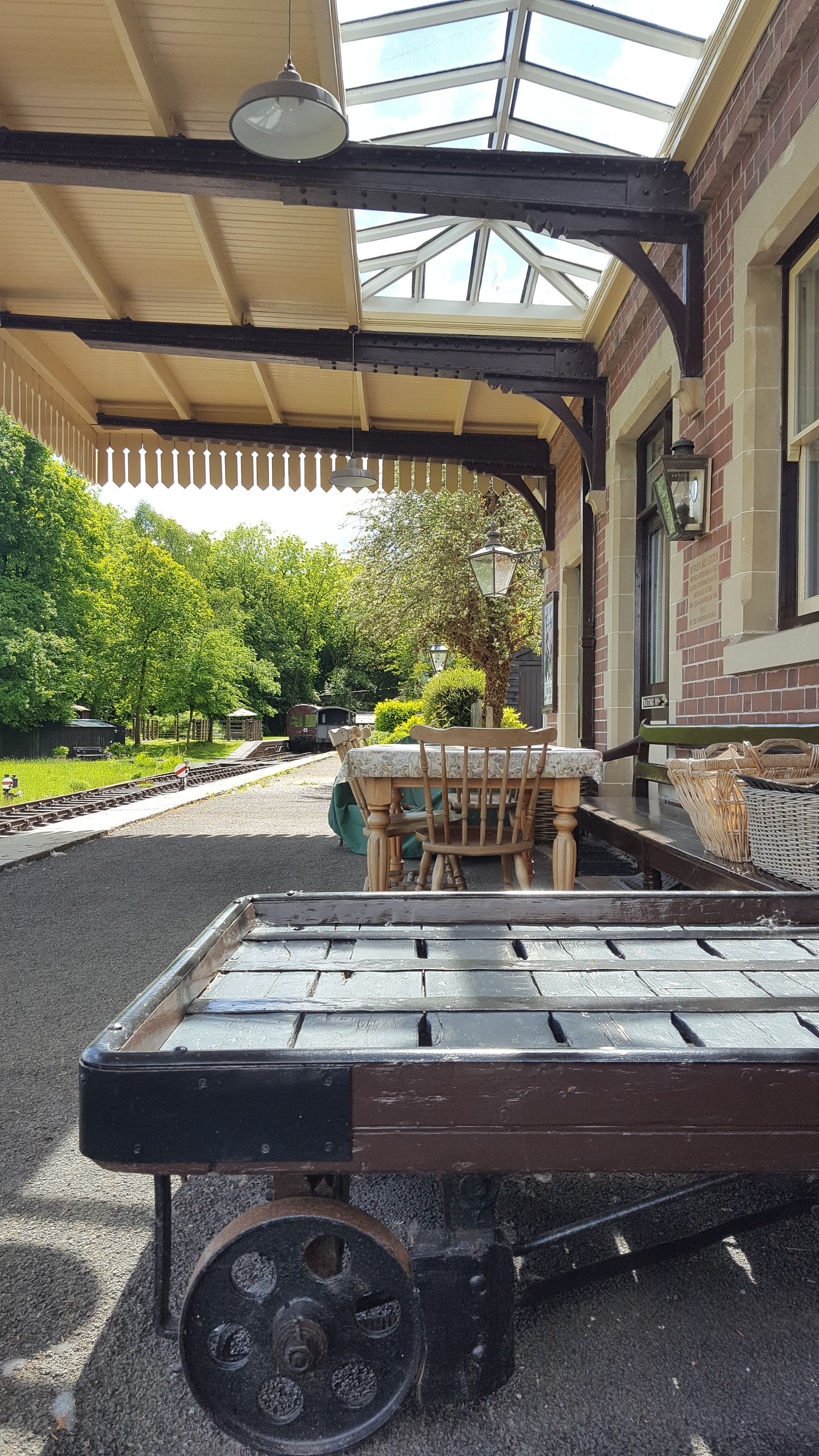 Rowden Mill Station, the fabulous canopy at the station, great for alfresco dining. It also houses our GWR luggage trolley