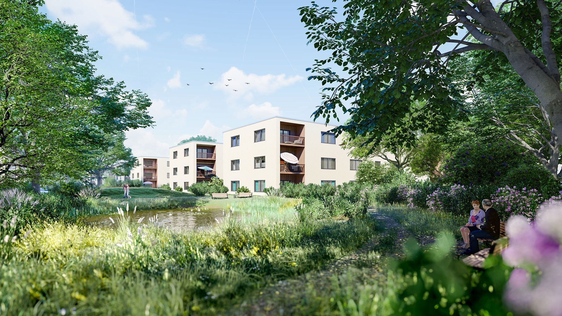 Architekturvisualisierung aus einer Parkperspektive mit Blick auf den Neubaukomplex