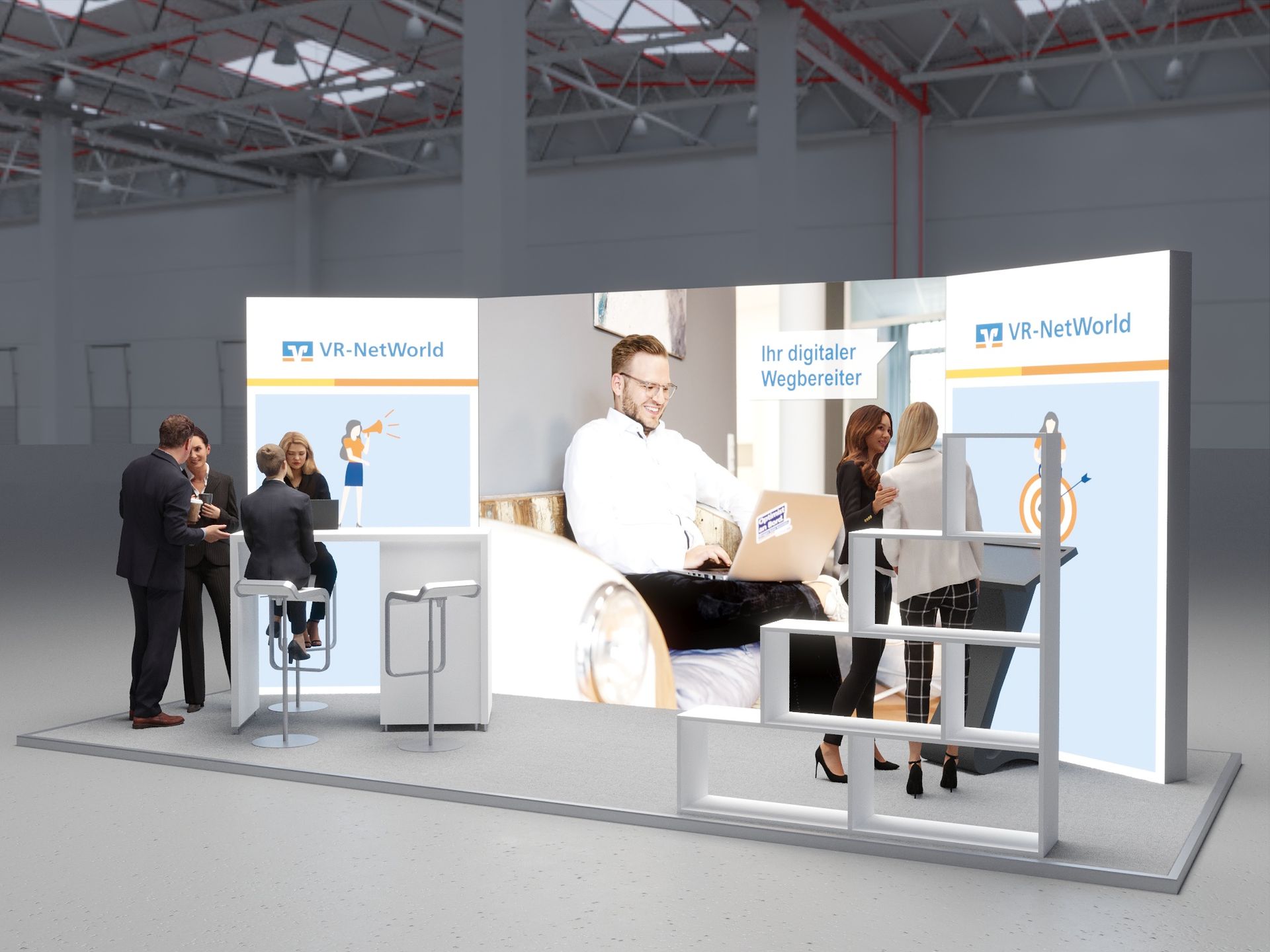 Ein detailliertes 3D-Rendering eines modernen Messestands, ausgestattet mit dynamischer Beleuchtung, die die Vielfalt der ausgestellten Produkte und Technologien hervorhebt. Der Stand ist geprägt von einer offenen Gestaltung, die Besucher einlädt, sich zu bewegen und zu interagieren. Auffällige Markenlogos und Slogans sind strategisch platziert, um Markenbewusstsein zu fördern.