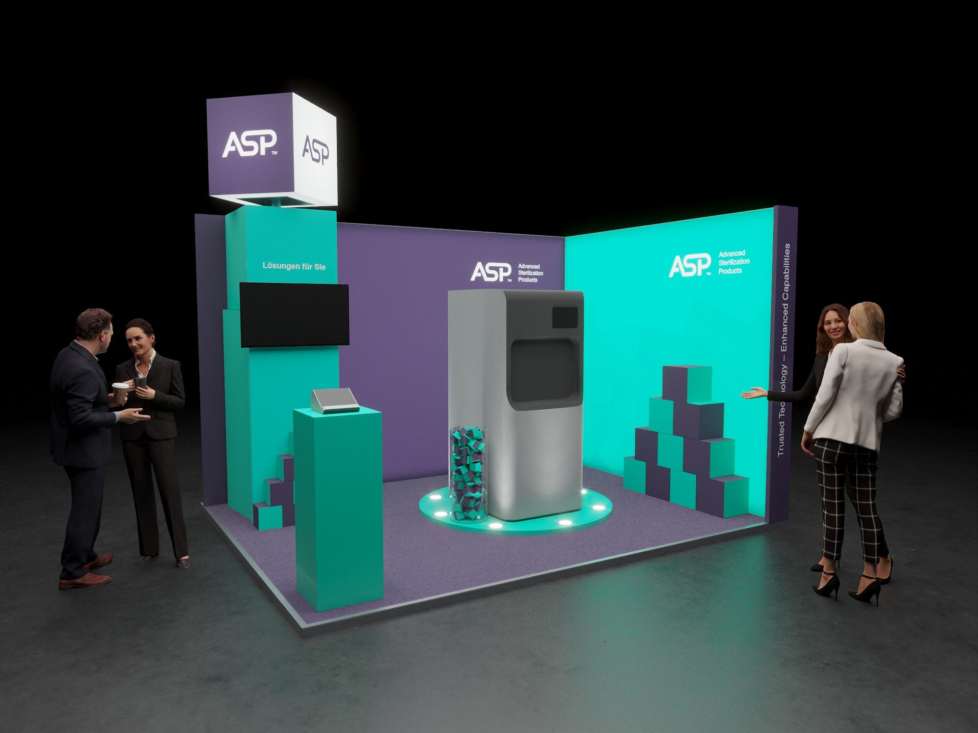 Ein detailliertes 3D-Rendering eines modernen Messestands, ausgestattet mit dynamischer Beleuchtung, die die Vielfalt der ausgestellten Produkte und Technologien hervorhebt. Der Stand ist geprägt von einer offenen Gestaltung, die Besucher einlädt, sich zu bewegen und zu interagieren. Auffällige Markenlogos und Slogans sind strategisch platziert, um Markenbewusstsein zu fördern.