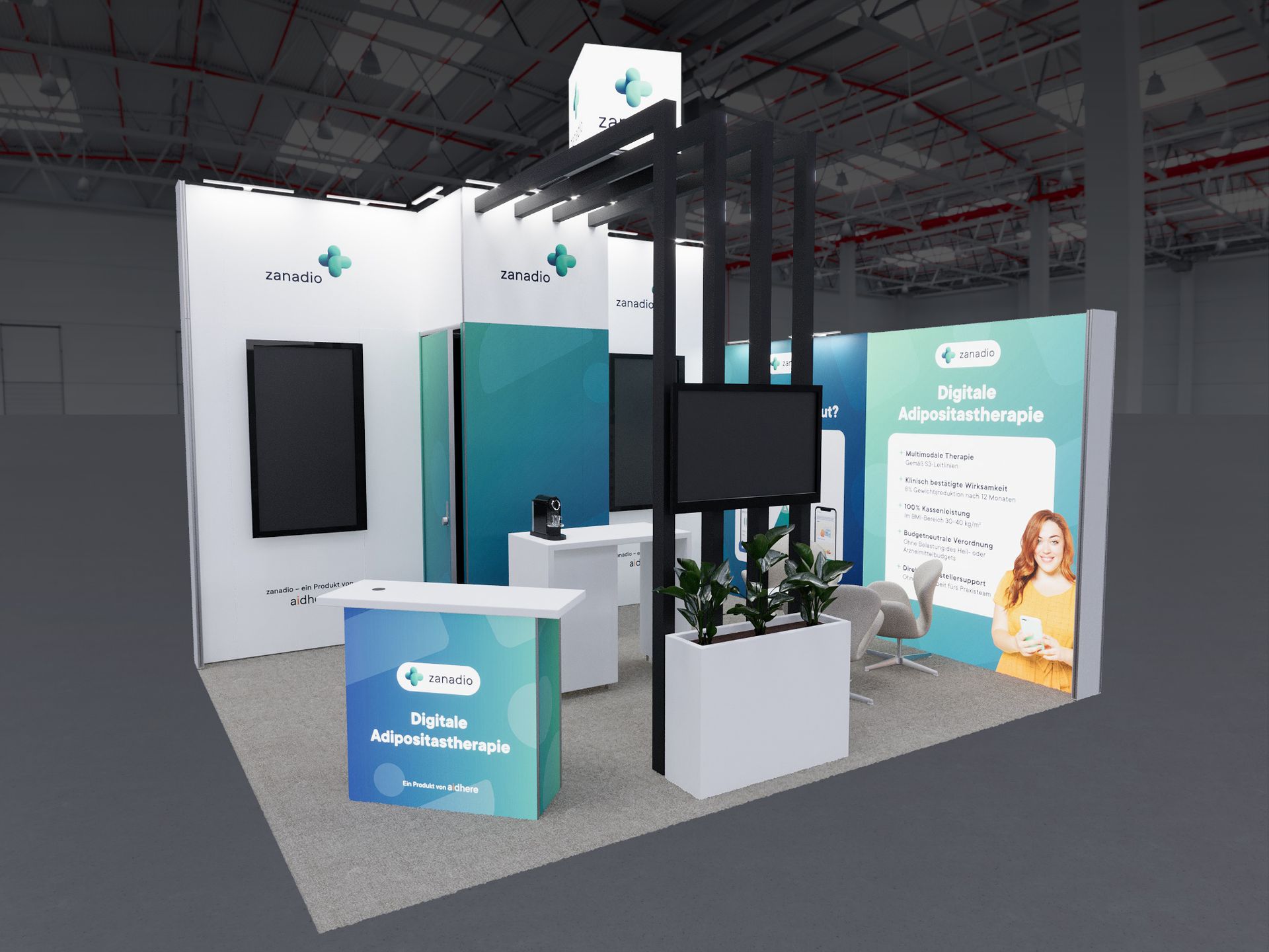 Ein detailliertes 3D-Rendering eines modernen Messestands, ausgestattet mit dynamischer Beleuchtung, die die Vielfalt der ausgestellten Produkte und Technologien hervorhebt. Der Stand ist geprägt von einer offenen Gestaltung, die Besucher einlädt, sich zu bewegen und zu interagieren. Auffällige Markenlogos und Slogans sind strategisch platziert, um Markenbewusstsein zu fördern.