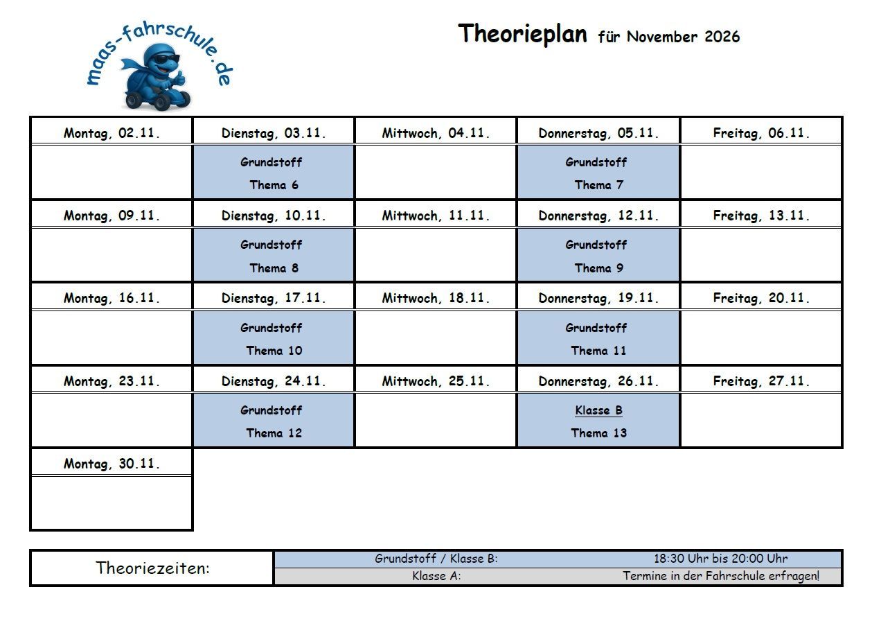 Theorie-Monatsplan Juni des Unterrichts bei Fahrschule Maas