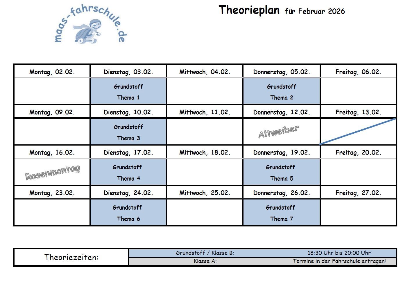 Theorie-Monatsplan Februar des Unterrichts bei Fahrschule Maas