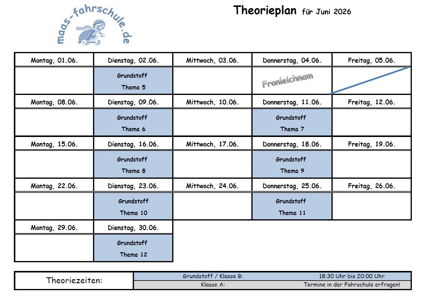 Theorie-Monatsplan Juni des Unterrichts bei Fahrschule Maas