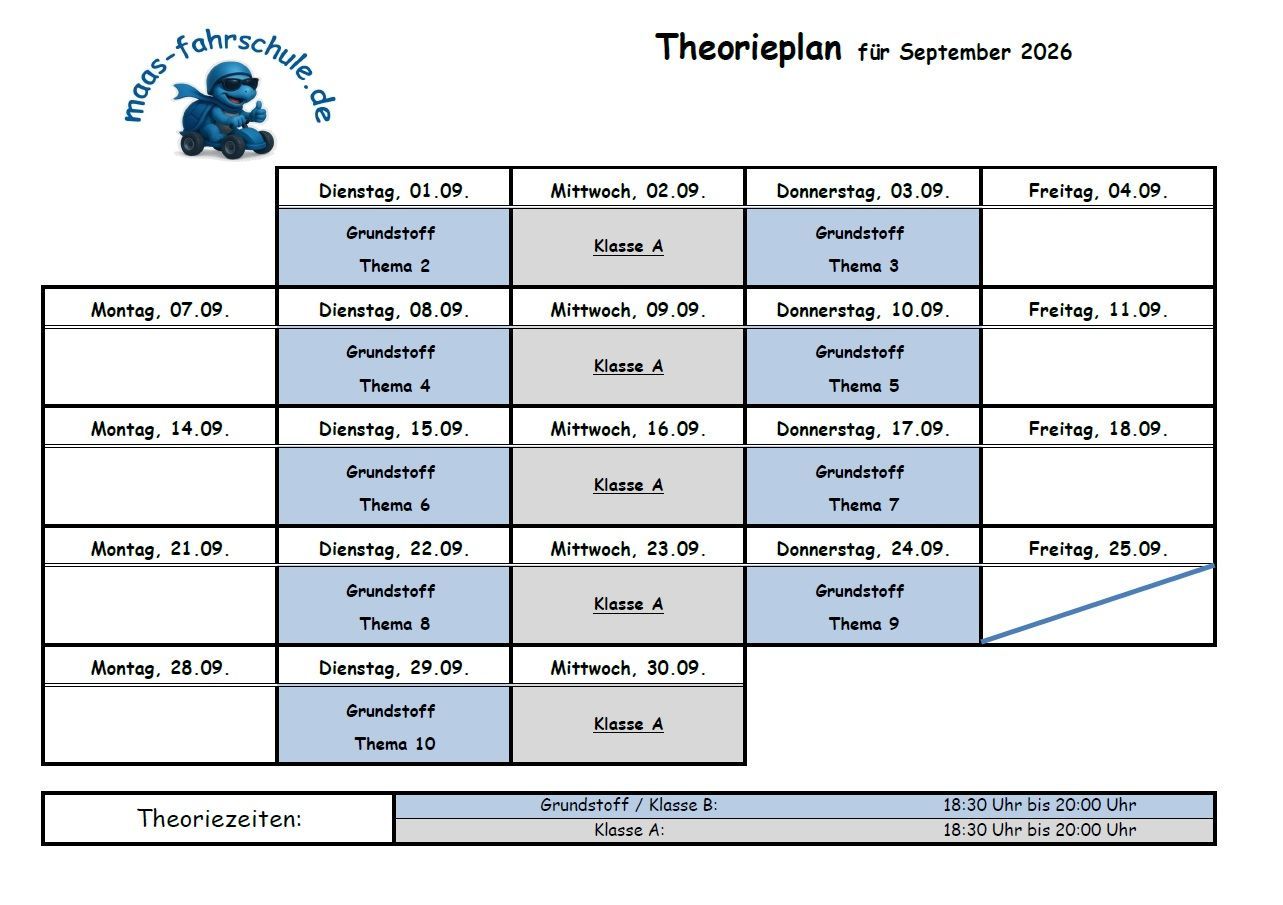 Theorie-Monatsplan Mai des Unterrichts bei Fahrschule Maas
