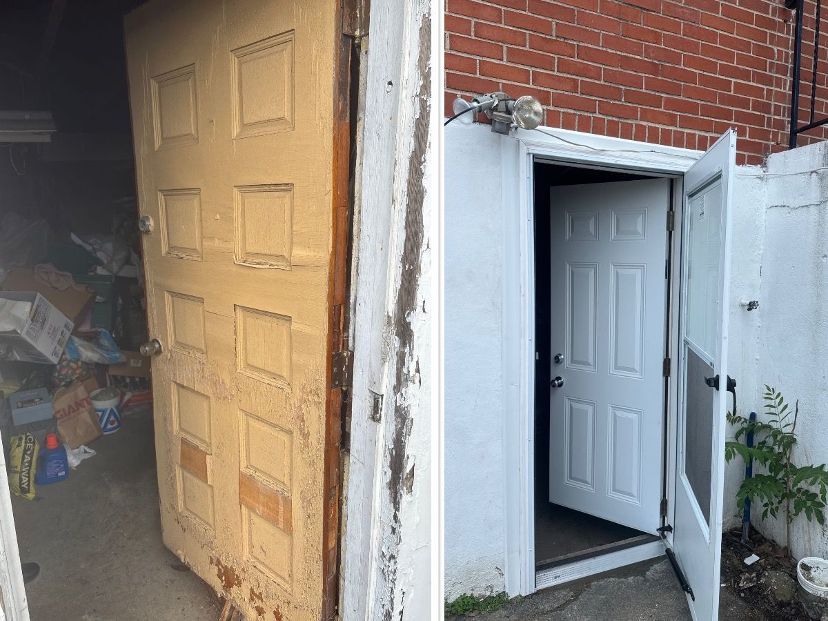 Before and after comparison of a basement exterior door replacement Before and after comparison of a basement exterior door replacement