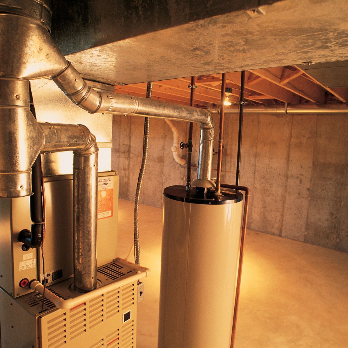 Basement mechanical room with furnace ductwork and water heater in a Lehigh Valley home