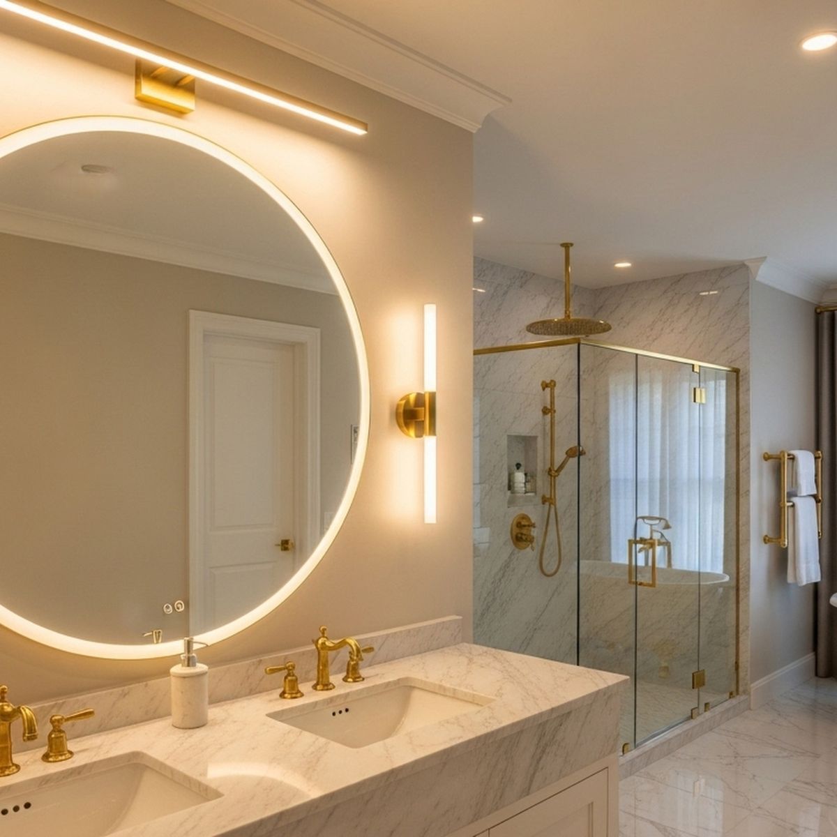 Luxury bathroom with LED mirror lighting and glass walk-in shower