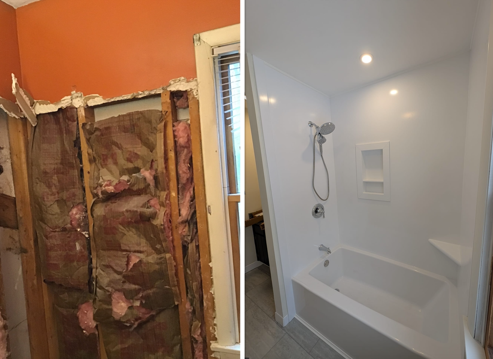 Bathroom remodel before and after showing demo phase and the completed tub and shower transformation Before and after bathroom remodel showing demo phase with insulation and completed tub and shower installation with white walls and fixtures