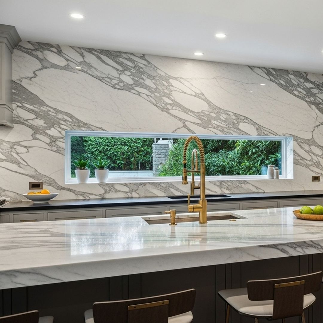 Modern kitchen featuring updated countertops and a wide window to brighten the space.