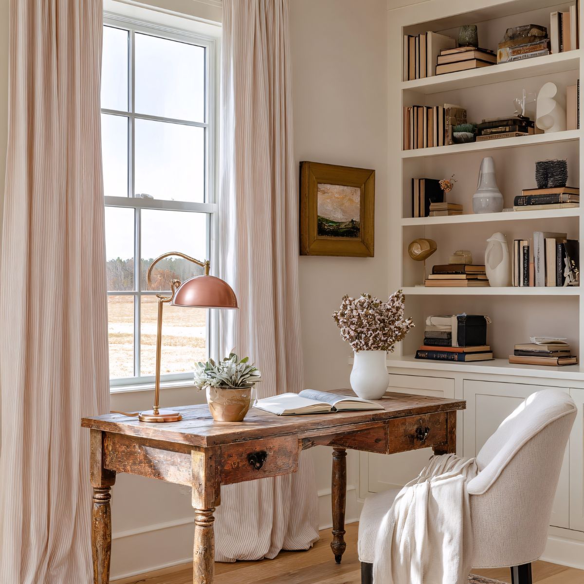 Cozy home office with built-in shelving and desk by a window in a Lehigh Valley home