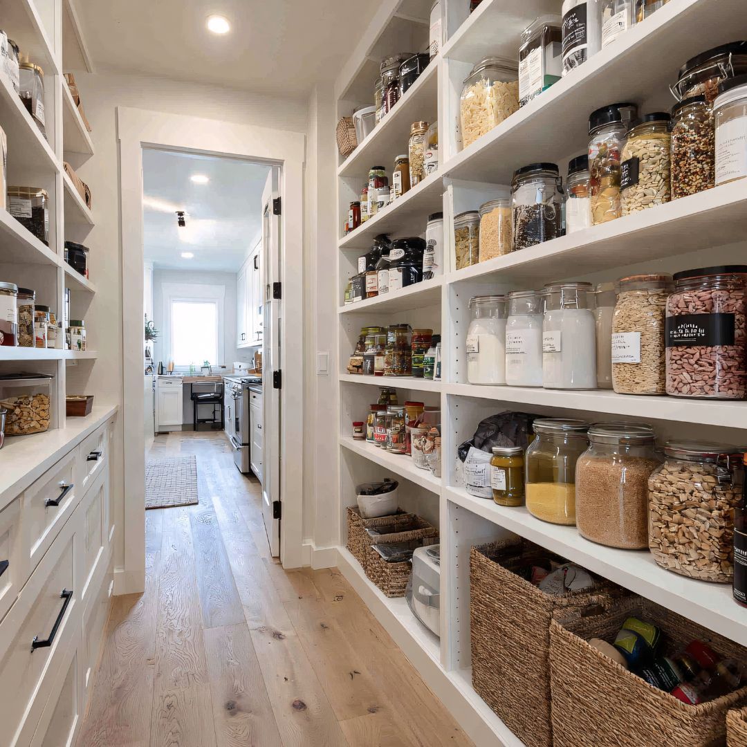 Well-organized pantry with labeled jars and shelves for efficient kitchen storage