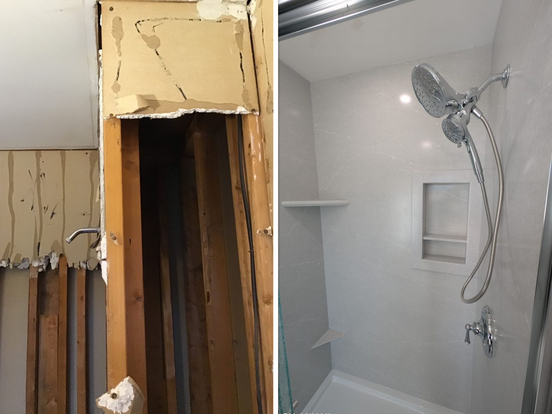 View our expert bathroom remodels – see the transformation from demo to dream bath! Bathroom remodel showing before demo with open studs and after transformation into a modern walk-in shower – Kitchen and Bath Remodeling Plus