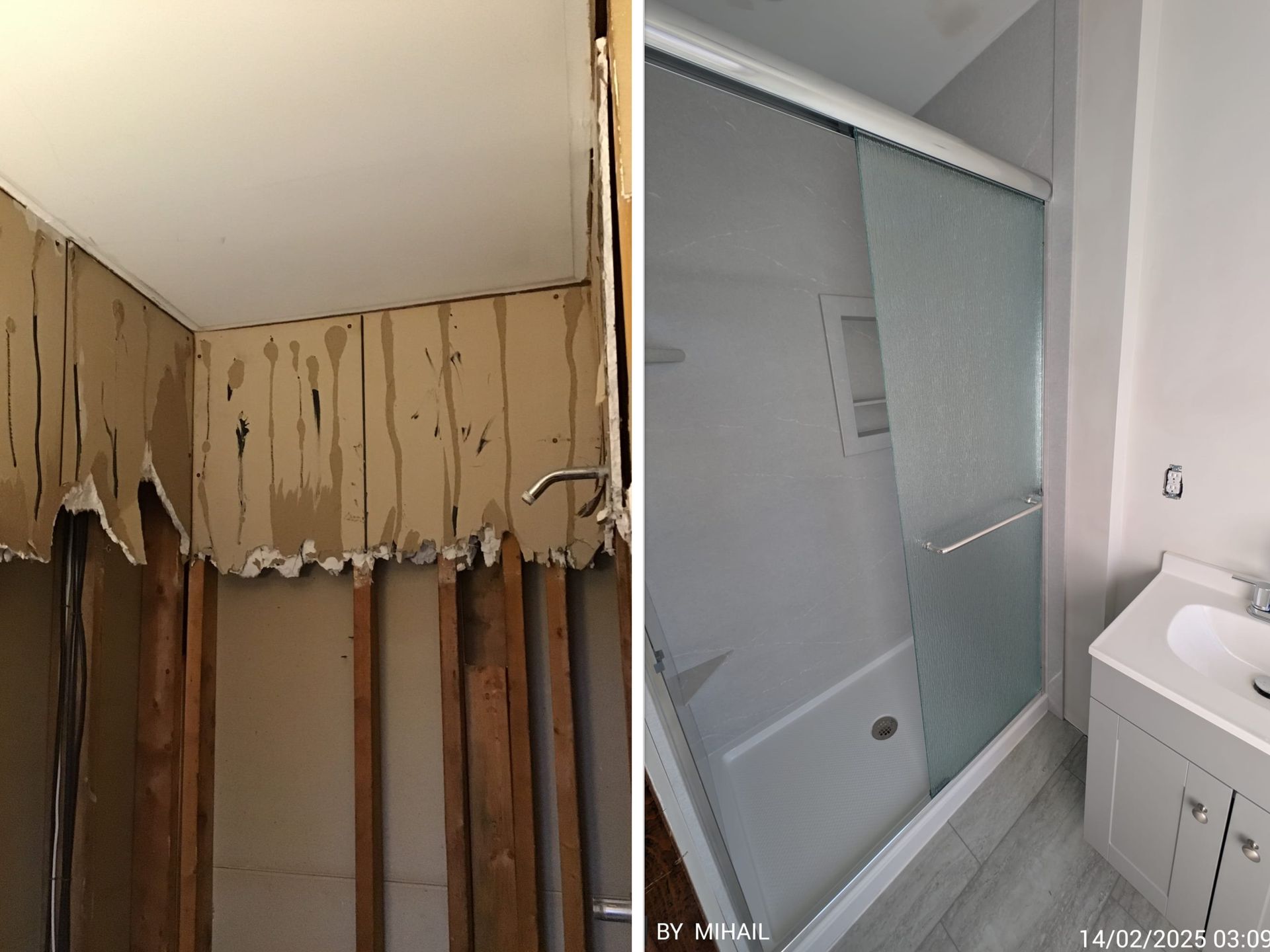 View our expert bathroom remodels – see the transformation from demo to dream bath! Shower renovation with sleek glass doors, built-in shelving, and updated tile work – Kitchen and Bath Remodeling Plus