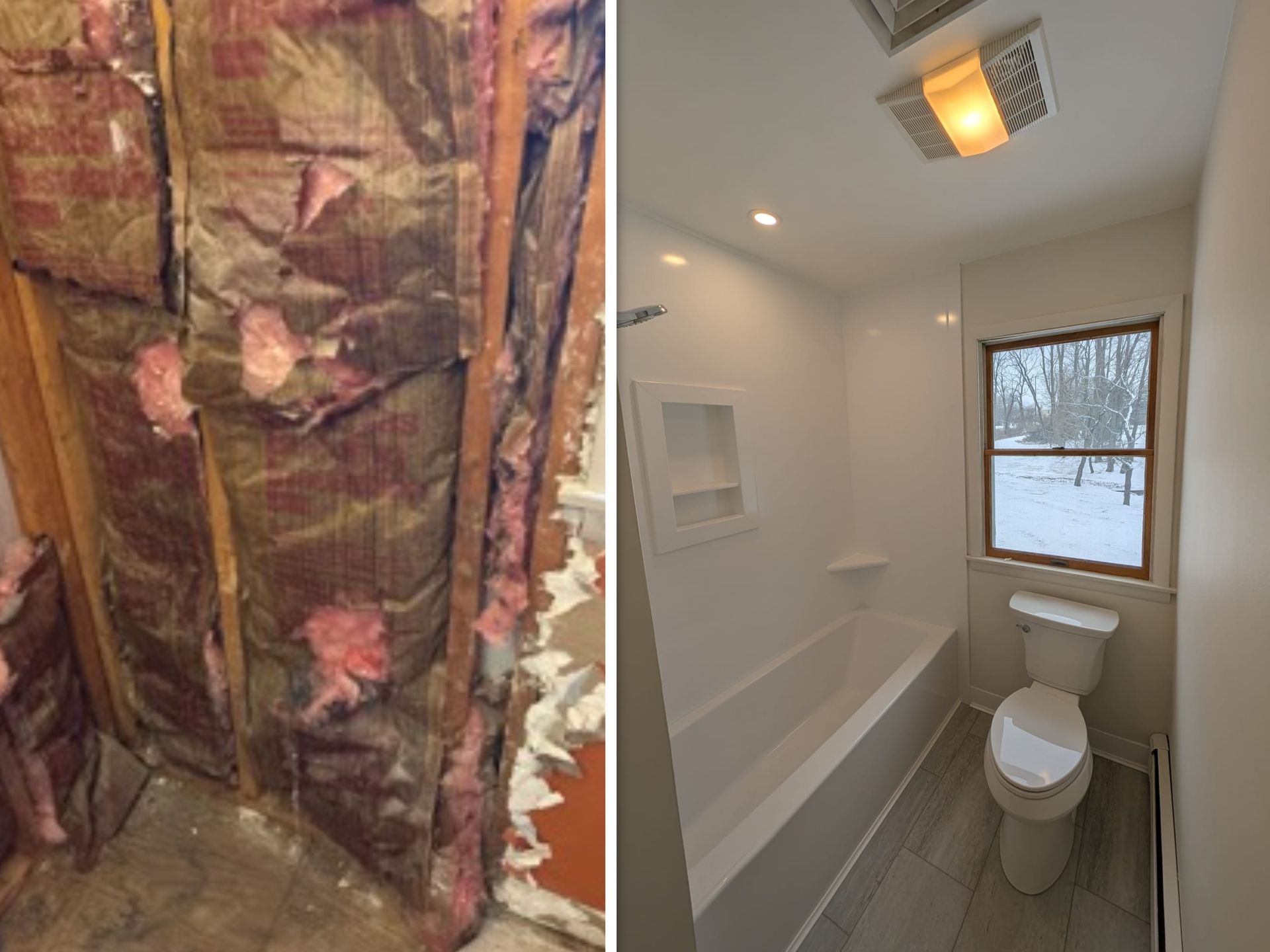 View our expert bathroom remodels – see the transformation from demo to dream bath! Full bathroom remodel with new tub, window, recessed lighting, and tile flooring – Lehigh Valley project