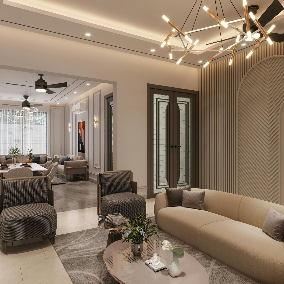 Add layered lighting to living spaces Modern living room with chandelier, recessed lighting, and open floor plan