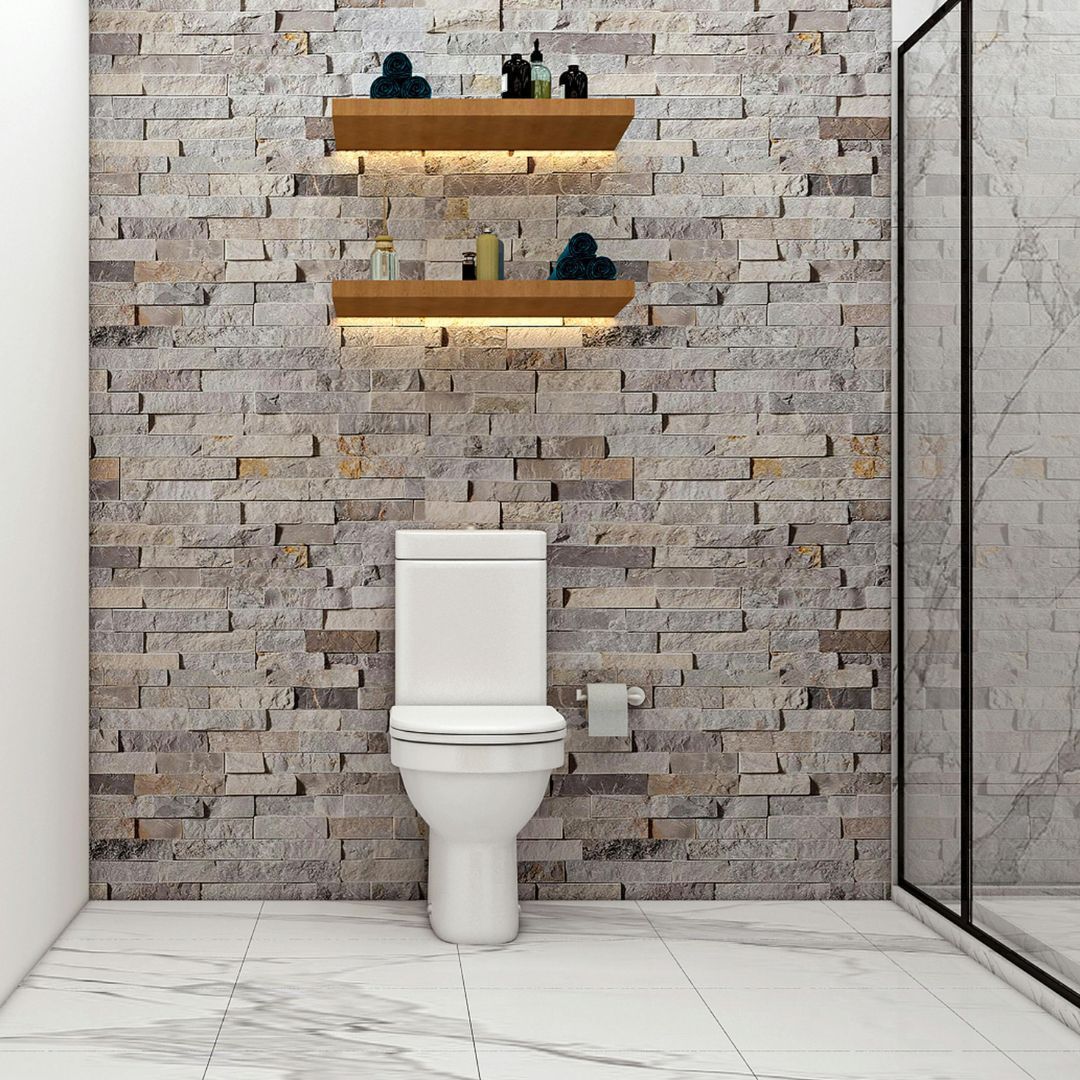Small bathroom featuring decorative tile wall and floating shelves for added storage and style