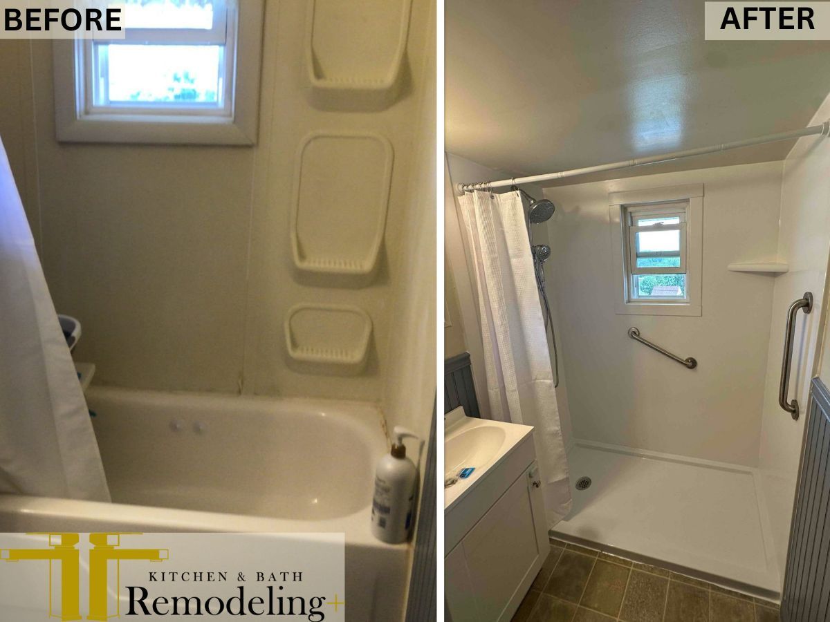 Accessible tub-to-shower remodel with grab bars by Kitchen and Bath Remodeling Plus. Before and after tub-to-shower conversion by Kitchen and Bath Remodeling Plus, featuring a walk-in shower with grab bars, handheld showerhead, and accessibility upgrades.