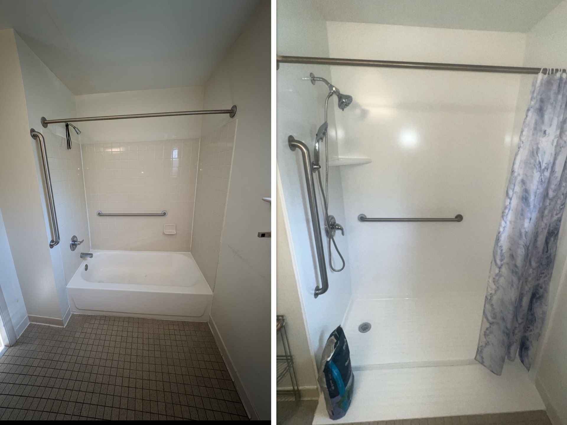 Tub-to-shower conversion project with accessibility upgrades Tub-to-shower conversion project with accessibility upgrades