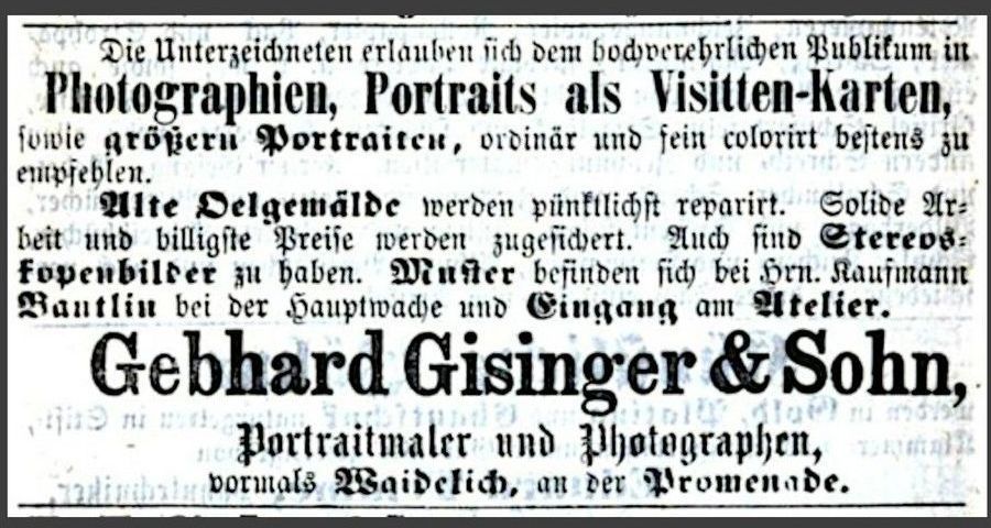 Anzeige, Photograph Gebhard Gisinger & Sohn, 1865 Adressbuch Ulm