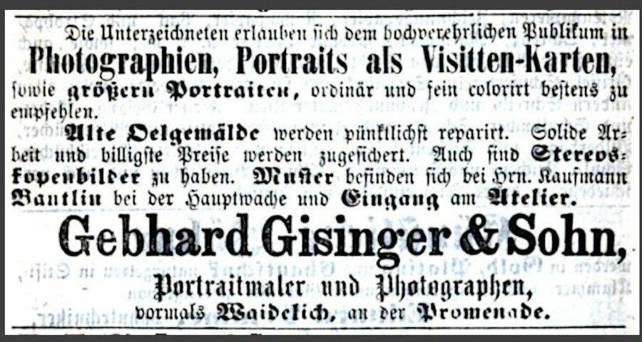 Anzeigenwerbung 1865, Gebhard Gisinger & Sohn, Ulm Anzeige, Photograph Gebhard Gisinger & Sohn, 1865 Adressbuch Ulm