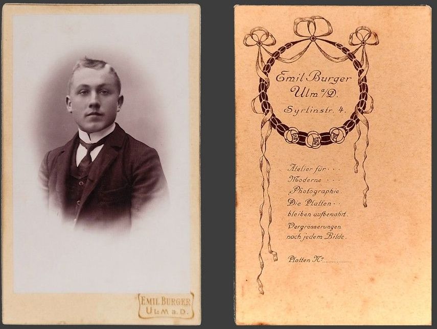 Portrait von Emil Burger, Ulm Bildseite und Fotorevers Portrait von Emil Burger, Ulm
Bildseite und Fotorevers