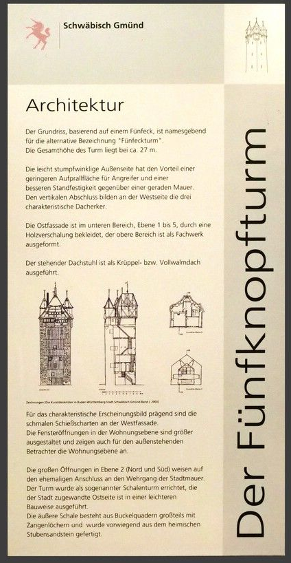 Erklärungstafel zum Fünfknopfturm im Schwäbisch Gmünd, Januar 2026 Erklärungstafel zum Fünfknopfturm im Schwäbisch Gmünd, Januar 2026