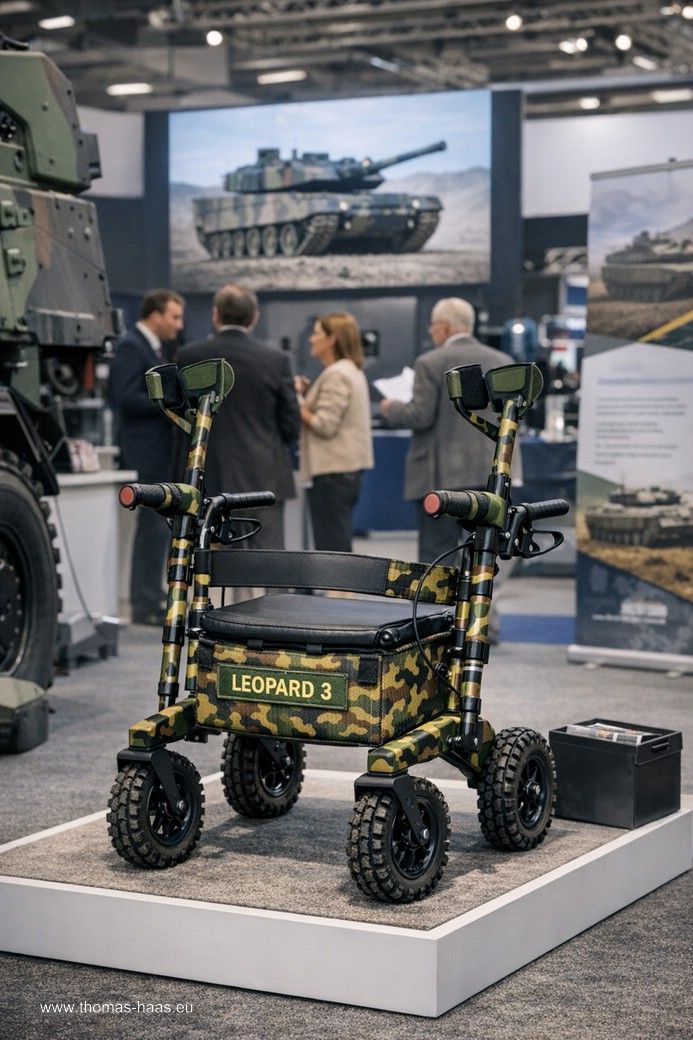 Messeneuheit: Leopard 3 - Satire! Rollator, militärisches Ausstattung. Messeneuheit: Leopard 3 - Satire!
Rollator, militärisches Ausstattung.