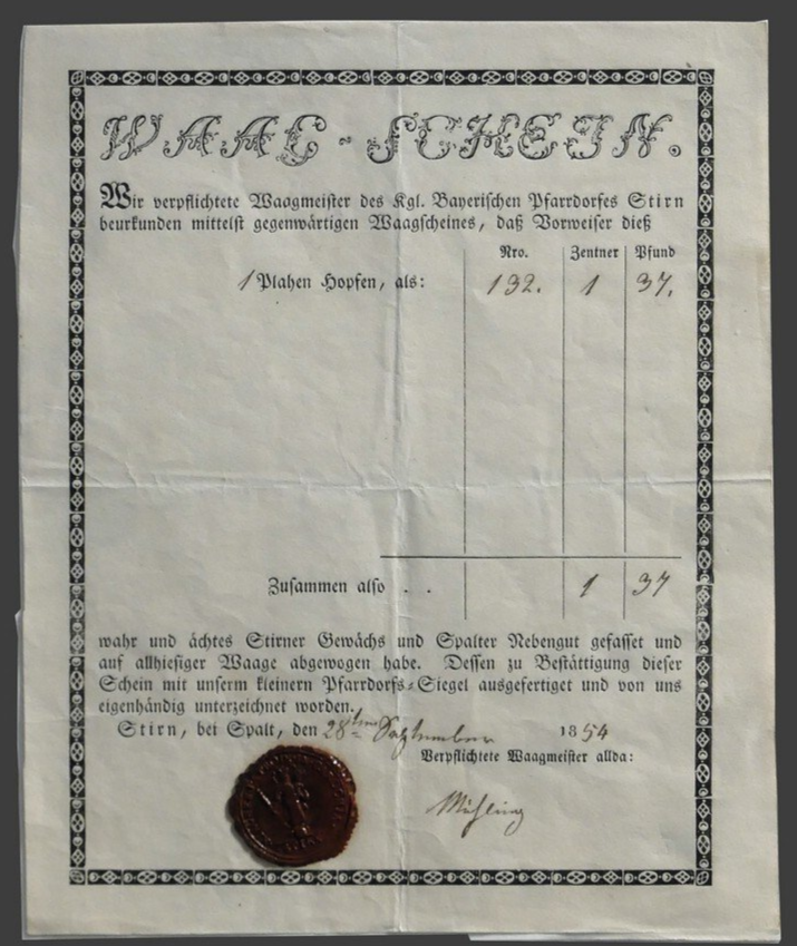 Waagschein, 1854 Waagschein, 1854