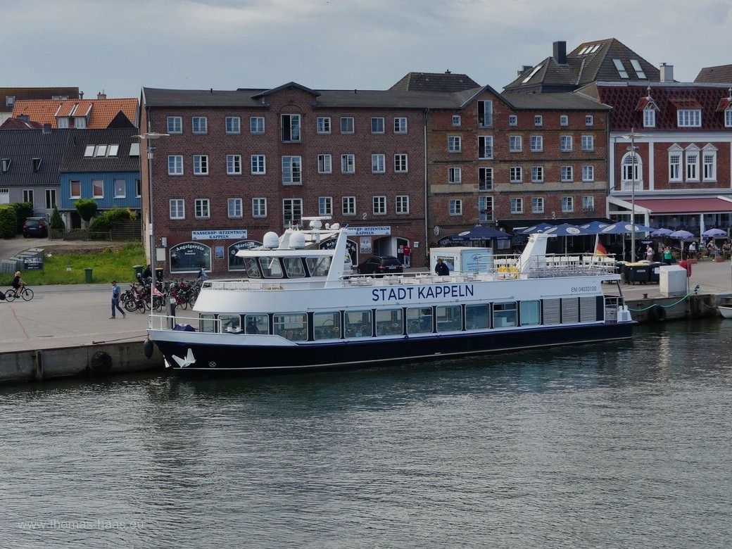 Die neue MS „Stadt Kappeln“ an der Anlegestelle in Kappeln, Juli 2024