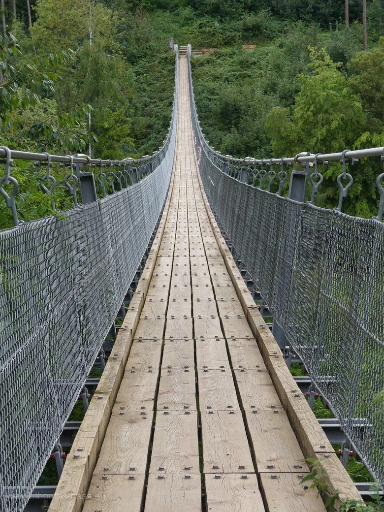 Die komplette Längssicht der Brücke, Hängeseilbrücke Hohe Schrecke, 2023 ...und los. Ansicht der Holzplanken auf der vollen länge der Brücke über das Bärental, 2023