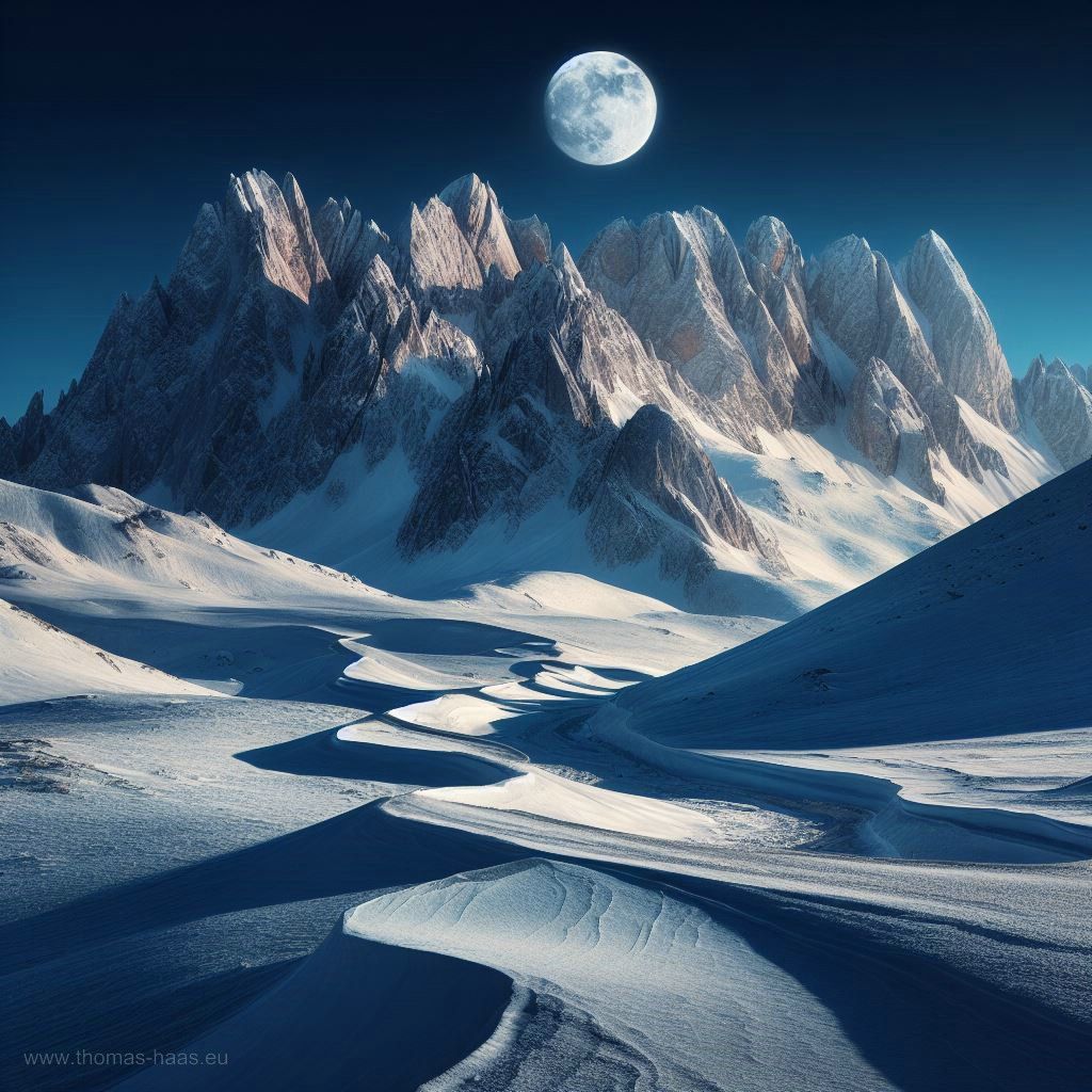 KI generiertes, alpines Winterbild mit Vollmond über dem Bergrücken, November 2023