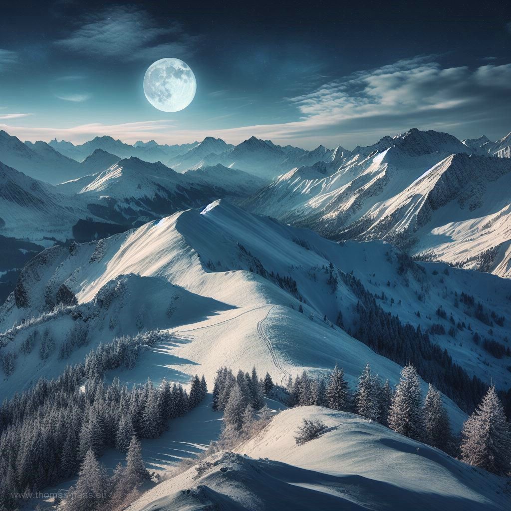 KI generiertes, alpines Winterbild mit Vollmond über dem Bergrücken, November 2023