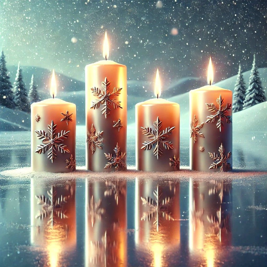 KI und neue Möglichkeiten: Adventskerzen spiegeln sich auf einer Eisfläche, im Hintergrund Berge und Schnee - Dezember 2024 KI und neue Möglichkeiten:
Adventskerzen spiegeln sich auf einer Eisfläche, im Hintergrund Berge und Schnee - Dezember 2024