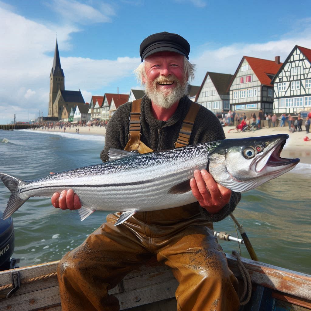 Anglerlatein: Strahlender Angler mit überdimensionalem Hering vor norddeutscher Küste, KI, generiert von Thomas Haas, Bellenberg, Mai 2024