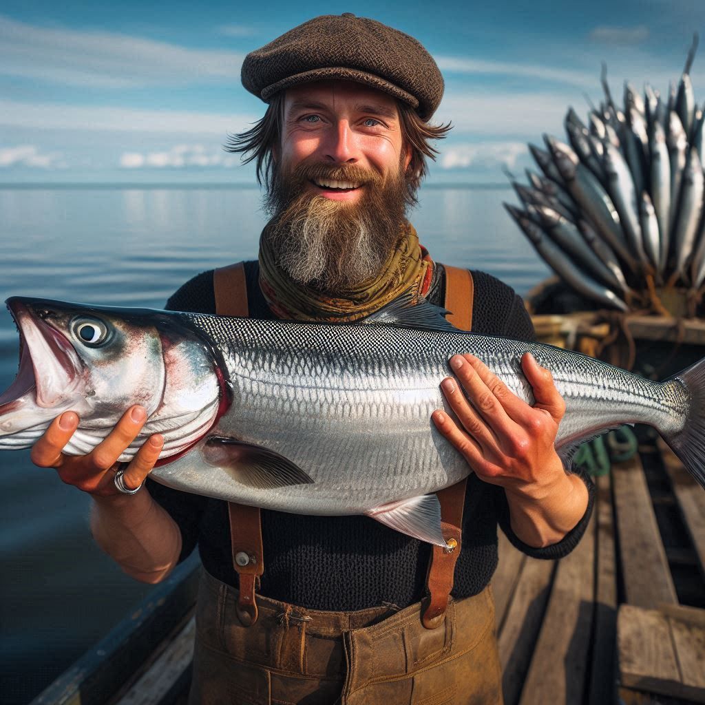 Anglerlatein: Strahlender Angler mit überdimensionalem Hering vor norddeutscher Küste, KI, generiert von Thomas Haas, Bellenberg, Mai 2024