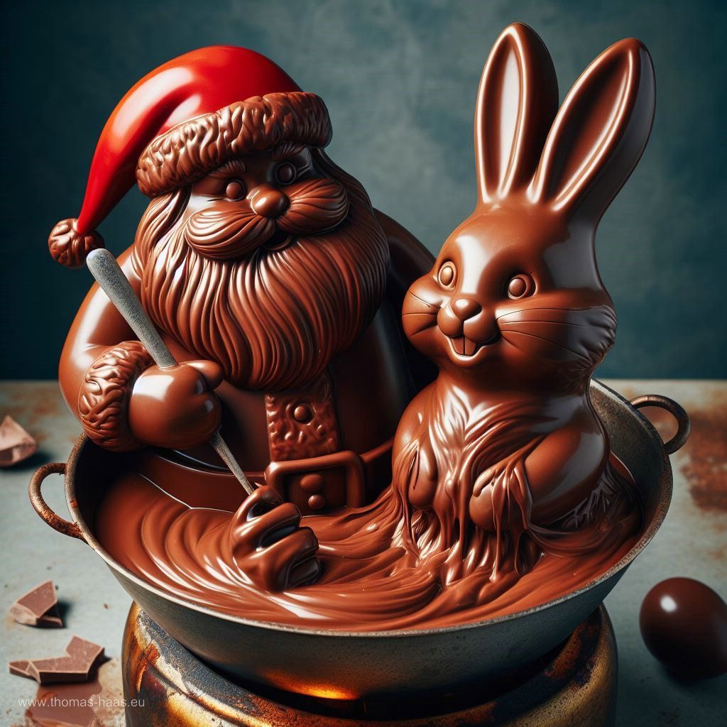 Nikolaus und Osterhase im gemeinsamen Schokoladen-Bad... - generiert mit KI durch Thomas Haas, Bellenberg Nikolaus und Osterhase im gemeinsamen Schokoladen-Bad... - generiert mit KI durch Thomas Haas, Bellenberg