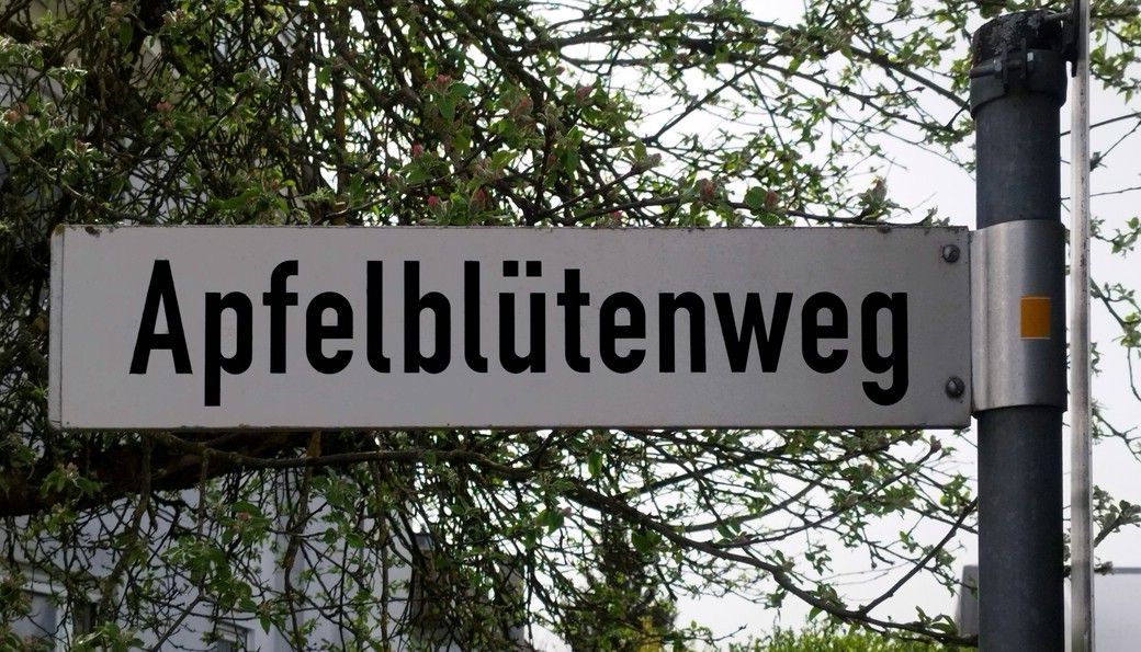 Straßenschild „Apfelblütenweg“, Illerkirchberg, April 2024 Straßenschild „Apfelblütenweg“, Illerkirchberg, April 2024