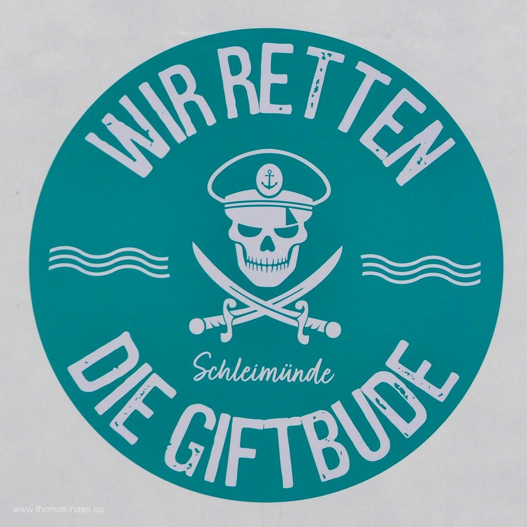 Aufkleber der Rettungsaktion zugunsten des Hafenkiosks in Schleimünde, April 2024