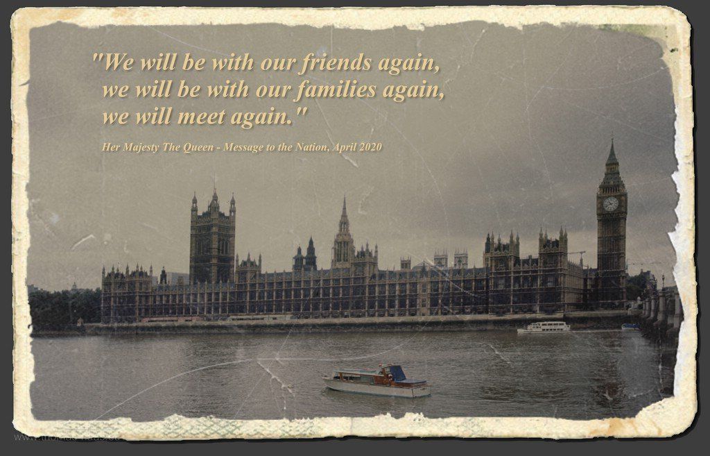 London mit einem Zitat der Königin, 2020 London, Dia aus dem Jahr 1982, Bearbeitung 2020