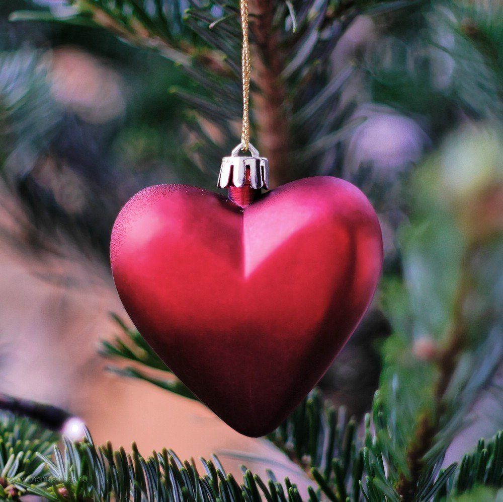 Rotes Herz am Weihnachtsbaum, mit Altglas fotografiert