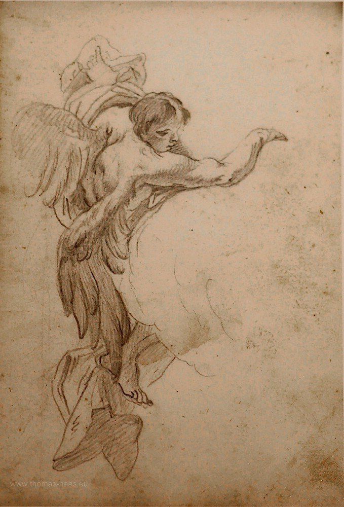 Skizze, Engel, F. M. Kuen, Foto der Reproduktion, Ausstellungswand Roggenburg, 2019 Eine Fotografie der Reproduktion einer Seite des Skizzenbuches von F. M. Kuen