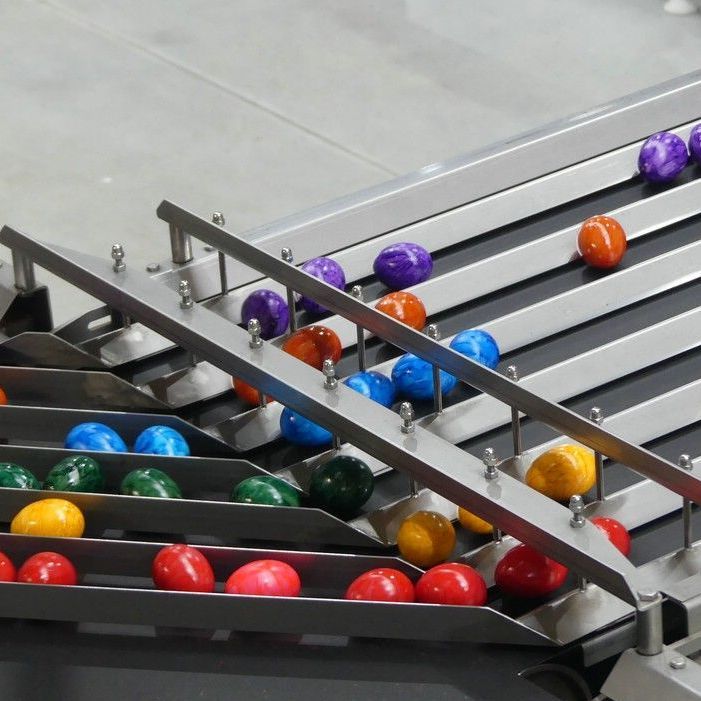 Bunte Ostereier in der Eierfärberei Beham GmbH in Ursberg, März 2025 Transportbänder mit bunten Ostereiern in der Eierfärberei Beham GmbH in Ursberg, März 2025