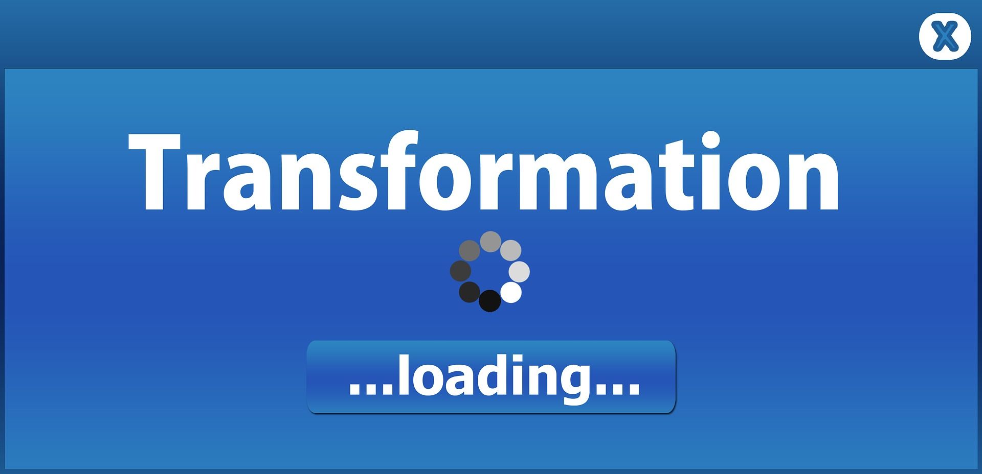Blauer Hintergrund mit dem Wort Transformation und einem Punktekreis für das Laden der Seite