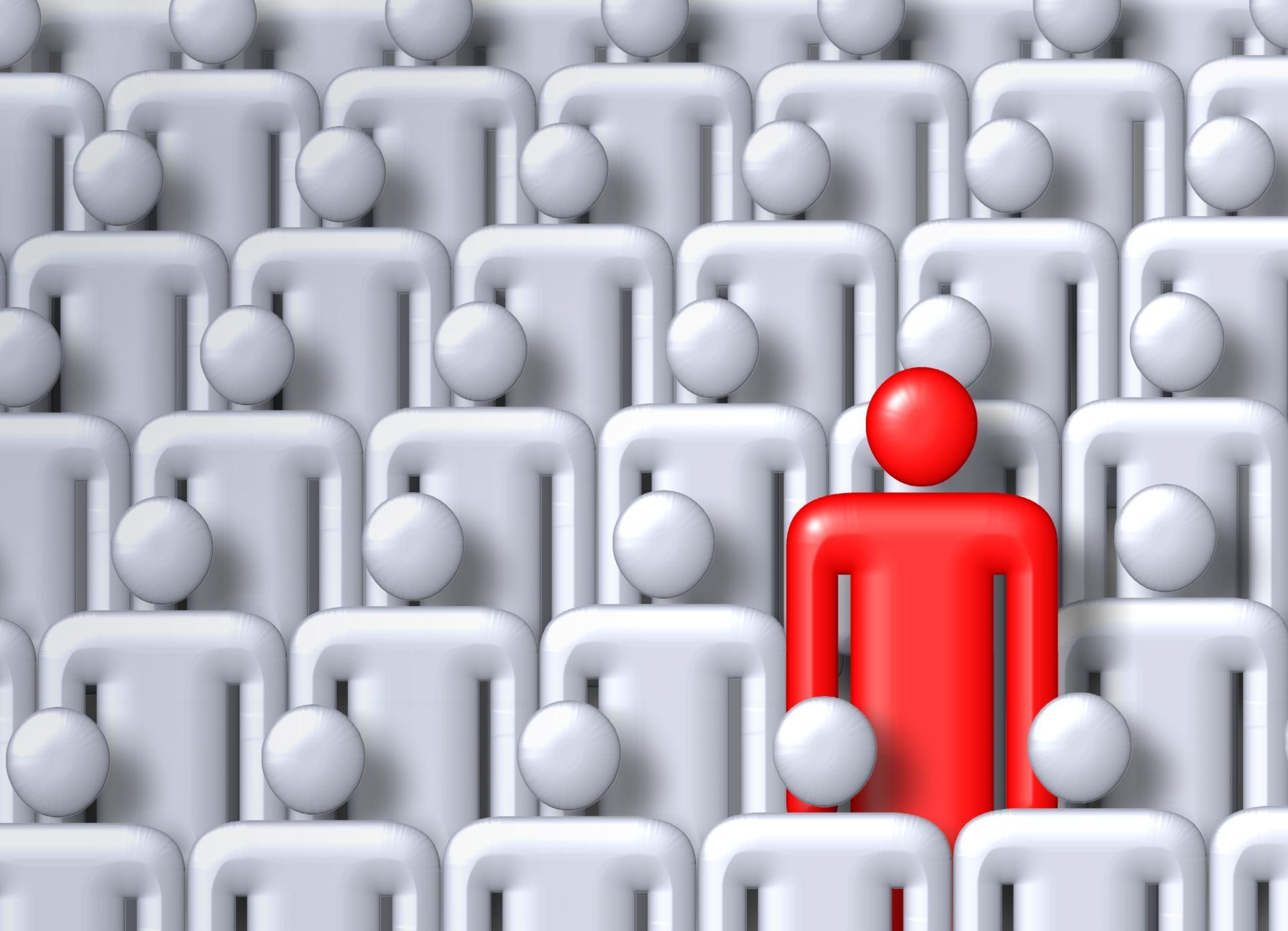 Illustration viele sitzende weiße Personen, eine rote stehende Person Illustration viele sitzende weiße Personen, eine rote stehende Person