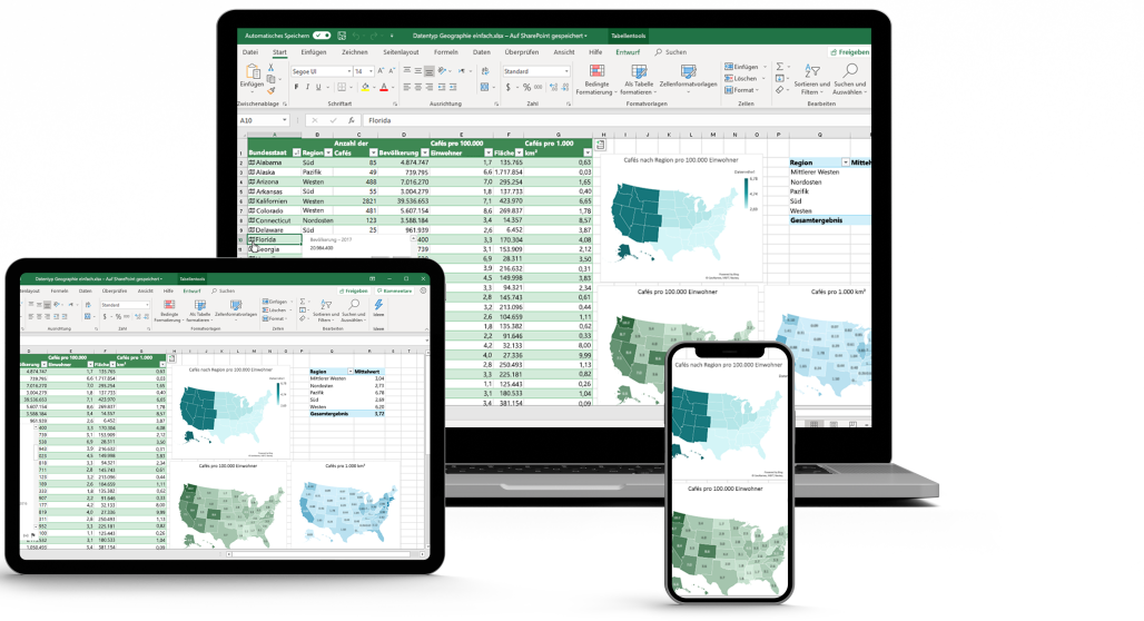 PrimeSHARE-Werbung für eine drahtlose Bildschirmfreigabe mit Touchback-Funktion. Ein großes interaktives Whiteboard zeigt eine Excel-Tabelle mit US-Landkarten. Links im Bild sind verschiedene Endgeräte (Laptop, Tablet und Smartphone) zu sehen, die ihren Bildschirm drahtlos auf das Whiteboard spiegeln.